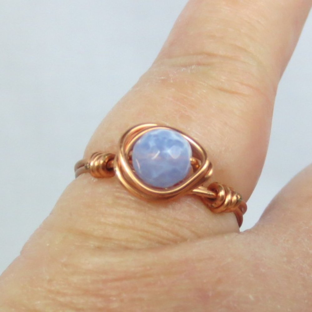 Handcrafted Ring Lavender Agate Gemstone Real Copper Wire Wrap Everyday Size 8.5